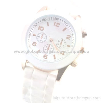 Unisex Silicone Gel Ceramic Style Jelly Band Classic Watch, White Alloy Case Three Decoration Eyes